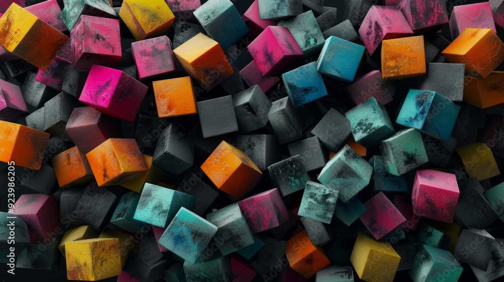 Poster a large group of multicolored cubes with a black background