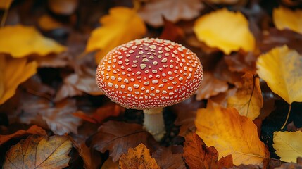 Red spotted mushroom among autumn leaves. Amanita muscaria. Poisonous fungi in forest. Closeup view with copy space and vibrant fall colors.