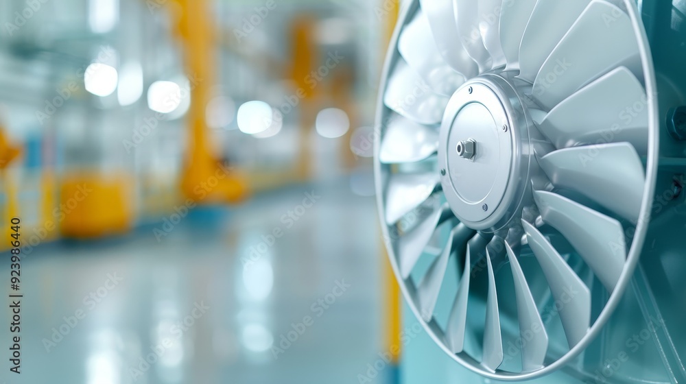 Poster a large fan is on display in a factory