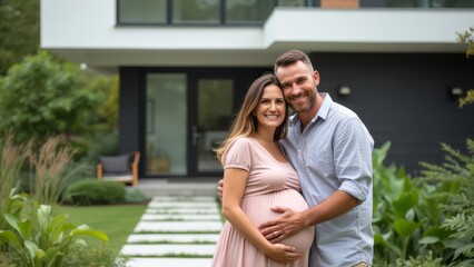 Fototapeta premium A delighted couple celebrates their pregnancy in their garden