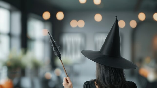 A festive table setting adorned with witches' brooms and spooky Halloween decorations, creating a fun and eerie ambiance for themed gatherings and events.