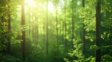 Lush forest, vibrant green trees with sunlight filtering through, 3D illustration