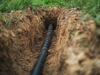 Fototapeta premium Black electrical cables in the dirt, visible from above and the side of the trench