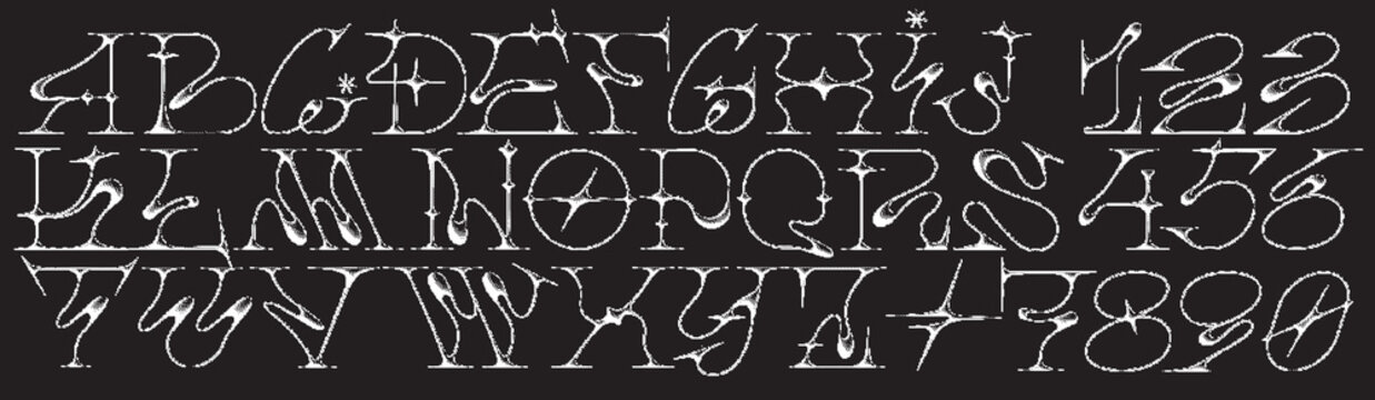 Edgy Y2K vector alphabet font with liquid, grunge textures and tribal shapes. Combines acid and neotribal vibes with gothic and emo elements, featuring starry sparks and unique typography.