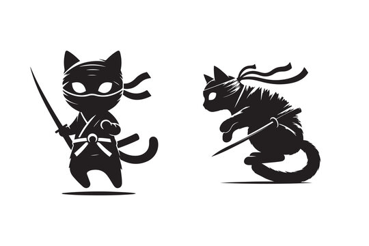 ninja cat fighting vector and silhouette