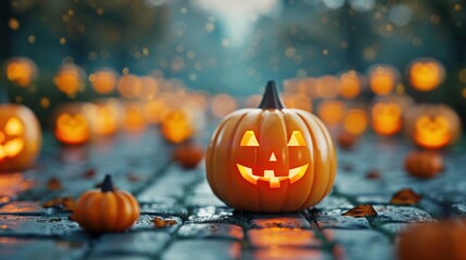 A row of glowing jack-o'-lanterns placed along a pathway, casting a warm, eerie glow. The pumpkins and jack-o'-lanterns add to the festive Halloween spirit.