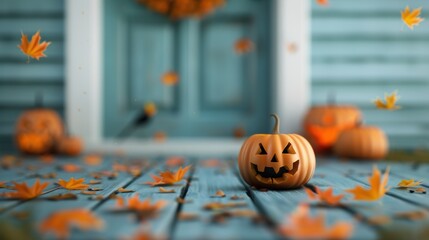 An assortment of pumpkins and jack-o'-lanterns on a porch, with one being carved into a spooky design in preparation for Halloween.