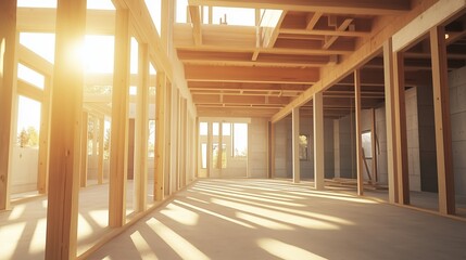 Fototapeta premium Construction site with wooden framing and sunlight streaming through windows during the day