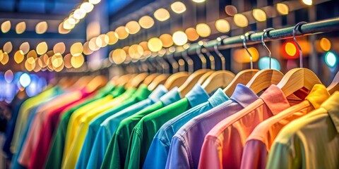 Rainbow of Shirts on Hangers in a Bokeh-Filled Room, fashion , clothing , retail , store
