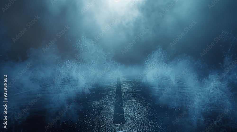 Poster wet road and smoke abstract background empty scene with asphalt texture and spotlight. horror highwa