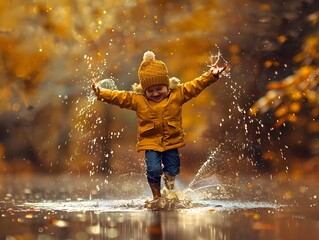 Joyful Child Splashing in Puddle During Rainy Day Outdoor Adventure