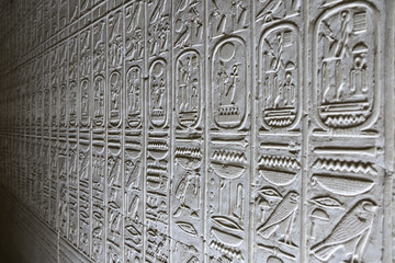 Ancient egyptian Hieroglyphics in Abydos Temple. Suhag. Egypt.