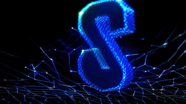 glowing blue letter S made of digital particles, dynamic neon light effect, 3D holographic symbol in motion, high-tech design, perfect for modern technology and virtual branding