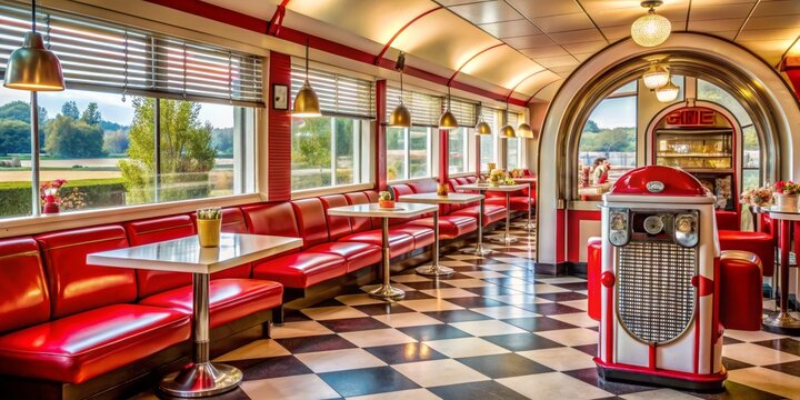 Retro Diner Interior with Checkerboard Floor, Red Booths, and Vintage Jukebox, diner , vintage , retro , interior design - Powered by Adobe