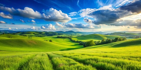 Rolling Green Hills Under a Dramatic Sky, Landscape Photography, Green Fields, Rolling Hills, Blue Sky, Nature, Clouds