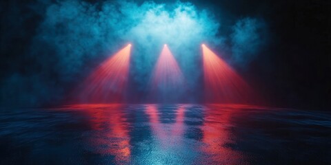 Rays searchlight light neon . Dark empty scene with smoke. Reflections on wet asphalt , ai