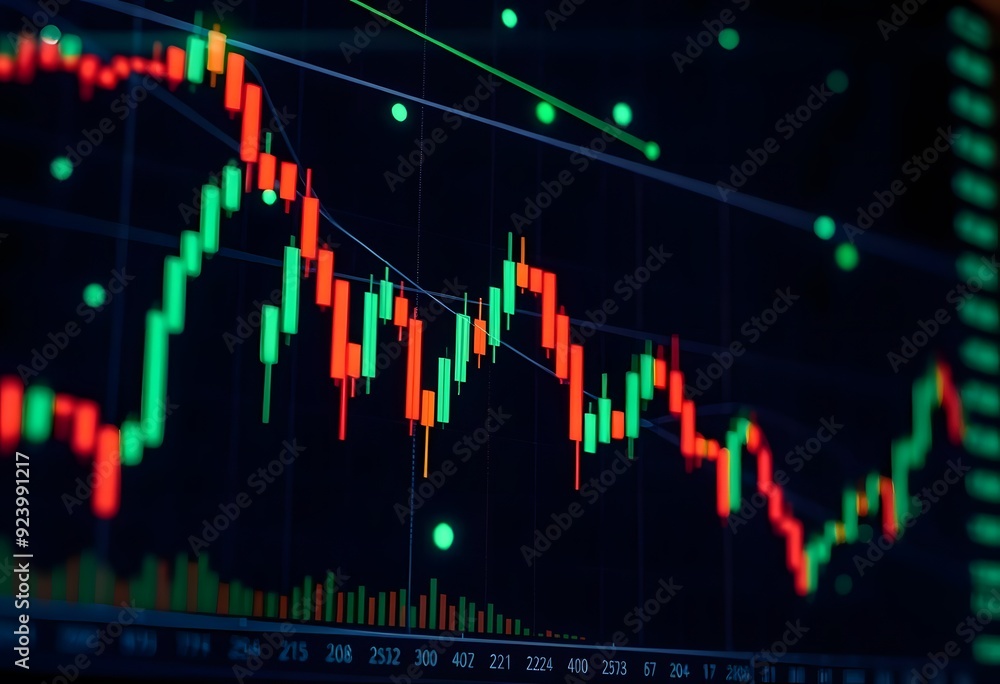 Poster A stock market digital graph chart on LED display concept. showing candlestick patterns and price movements over time