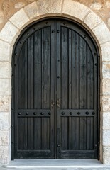 Fototapeta premium Black wooden double doors, with an arched top, set in an ancient stone wall