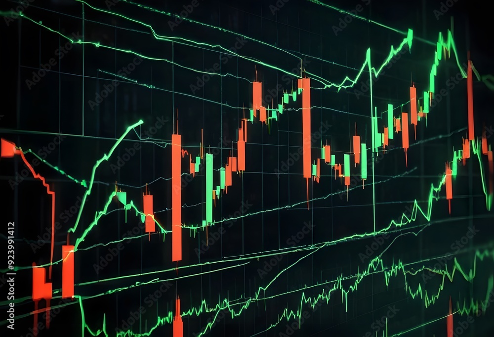 Poster a stock market digital graph chart on led display concept. showing candlestick patterns and price mo