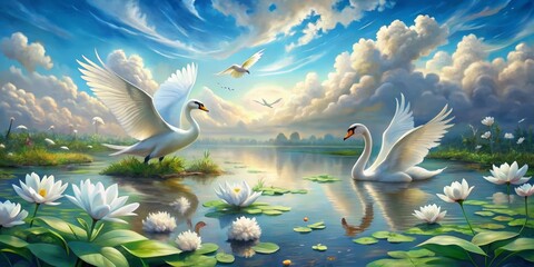 Serene Swans on a Water Lily Pond, Digital Painting, Two Swans on Lake, Water Lilies, Tranquil Scene, Swans, Water Lilies