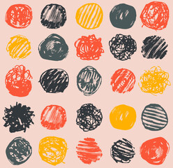 Seamless pattern pastel colored with abstract hand drawn shapes in pink and orange, yellow, black. Abstract brush drawn circles, curved lines. Design vector elements bold stripes, abstract forms.