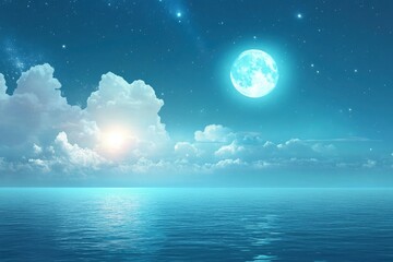 Romantic Moon With Clouds And Starry Sky Over Sparkling Blue Water , ai