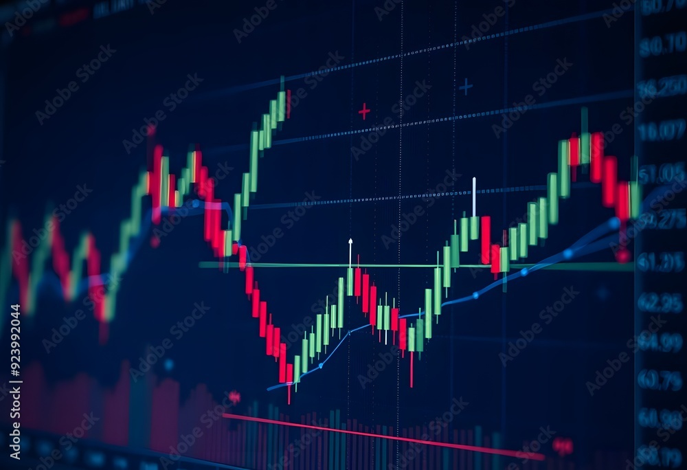 Poster A stock market digital graph chart on LED display concept. showing candlestick patterns and price movements over time