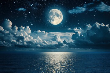 Romantic Moon With Clouds And Starry Sky Over Sparkling Blue Water, ai