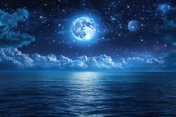 Romantic Moon With Clouds And Starry Sky Over Sparkling Blue Water, ai