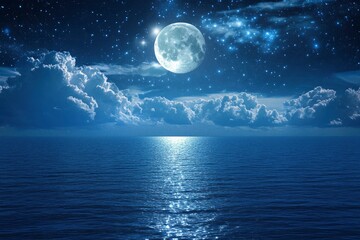 Romantic Moon With Clouds And Starry Sky Over Sparkling Blue Water, ai