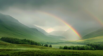 Naklejka premium Breathtaking Rainbow Over Verdant Valley Amidst Mountains in Early Morning Light