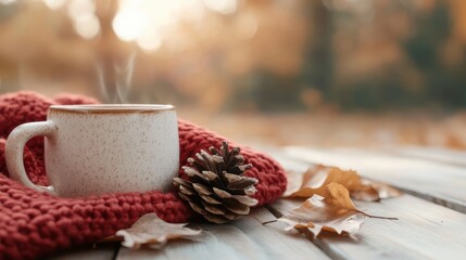 A rustic autumn scene featuring a steaming cup of coffee, a pine cone, and a cozy red knit blanket scattered among autumn leaves, evoking warmth and comfort.