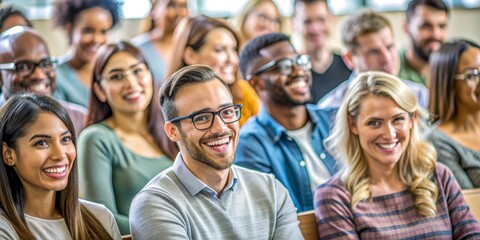 Obraz premium Smiling Man with Glasses in a Crowd, Group, Audience, Event, People