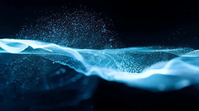 Blue particle wave flowing on a black background with smooth motion and high detail.