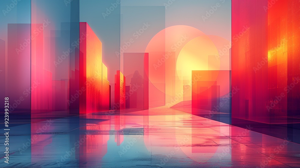 Wall mural Futuristic abstract design with vivid, geometric shapes and smooth gradients, creating a dynamic, sophisticated visual with bright, modern hues and clean lines. high resolution Illustration, in the