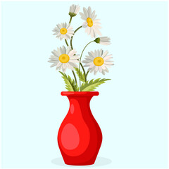 Red vase and chamomile flowers in a vase