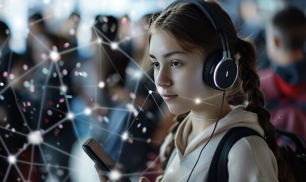 young student with electronic device in hand and headphones in front of a group of other students, lines show the network connections