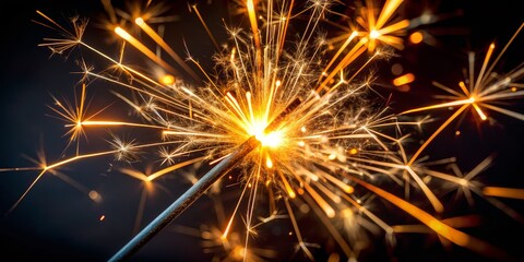 Naklejka premium Sparklers in the Night, Close-up, Golden Sparks, Festive Celebration, Black Background, New Year, Fireworks