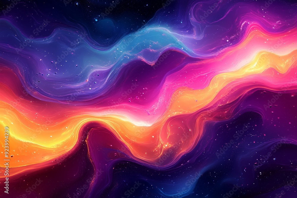 Poster colorful abstract design with flowing waves and cosmic elements against a dark background