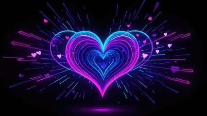 A glowing neon heart made up of vibrant pink and blue lights, surrounded by smaller floating heart shapes, creating a romantic and electrifying visual on a dark background