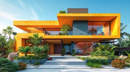 Modern architectural design with a vibrant, colorful exterior and clean, straightforward lines, offering a visually striking and aesthetically pleasing look. high resolution Illustration, in the