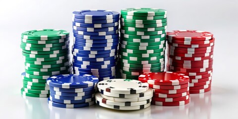 Stacked Poker Chips, Blue, Green, Red, White, gambling, casino