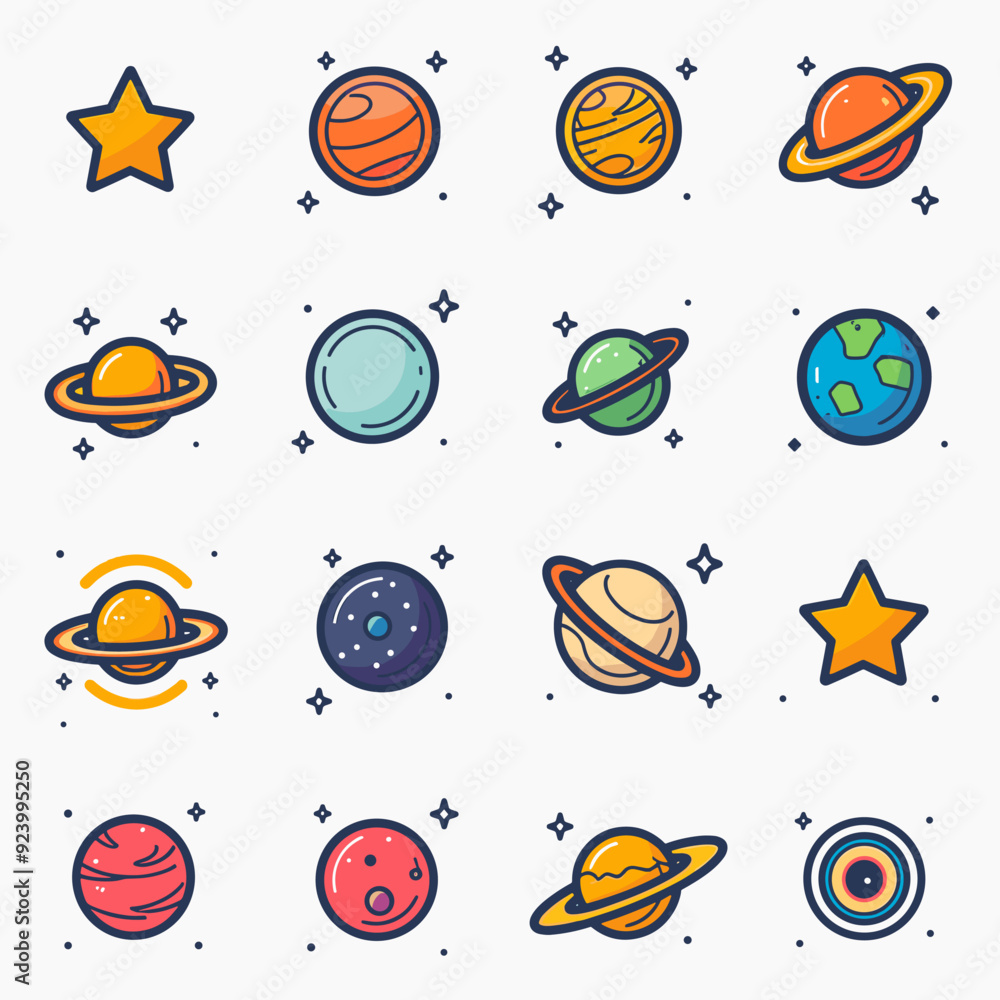 Poster set of space and planets icons in linear style. vector illustration