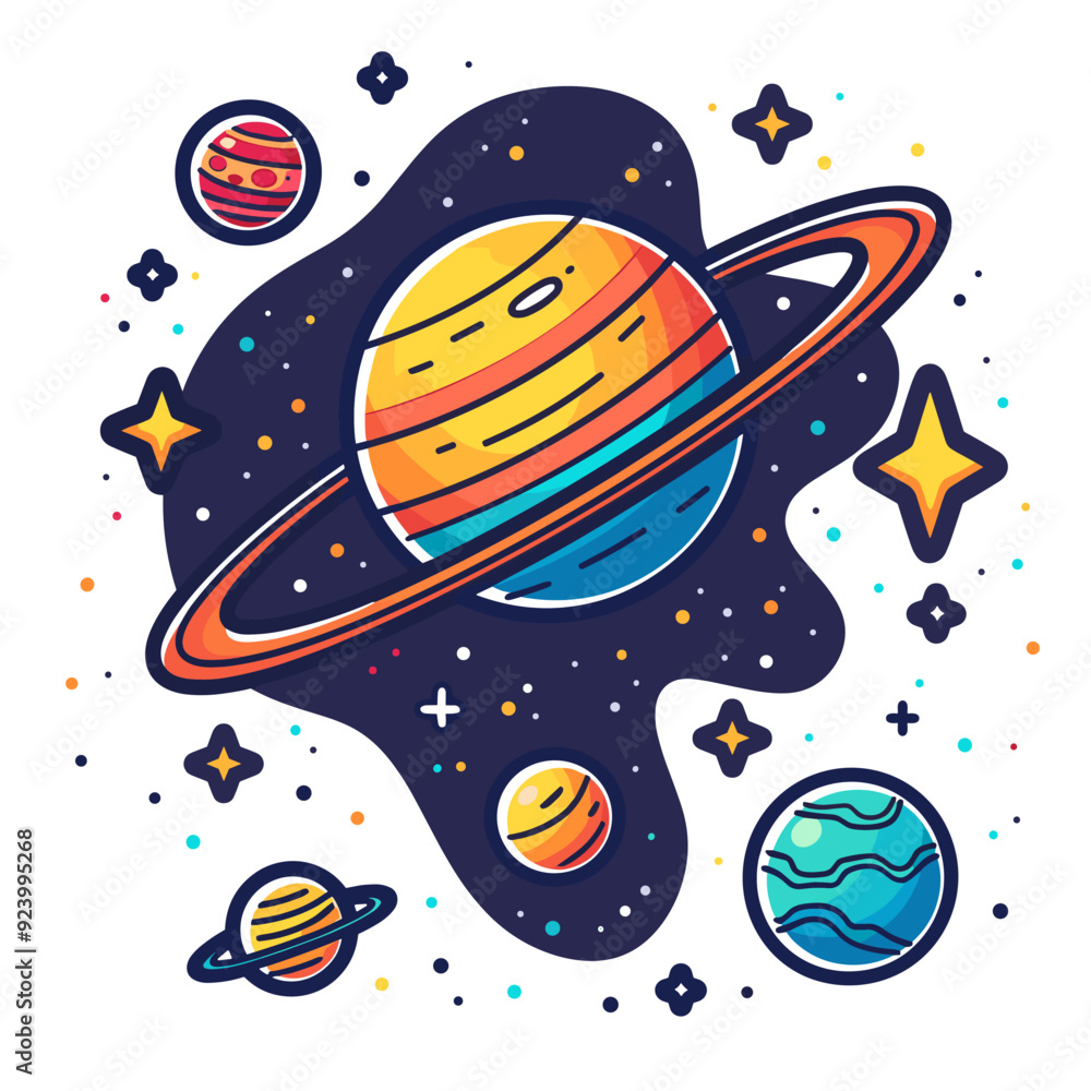 Poster hand drawn vector illustration of planets in space. doodle style. isolated objects on white backgrou