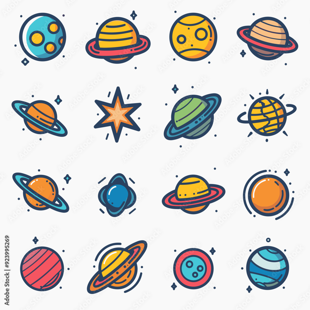 Poster set of space and planets icons in linear style. vector illustration