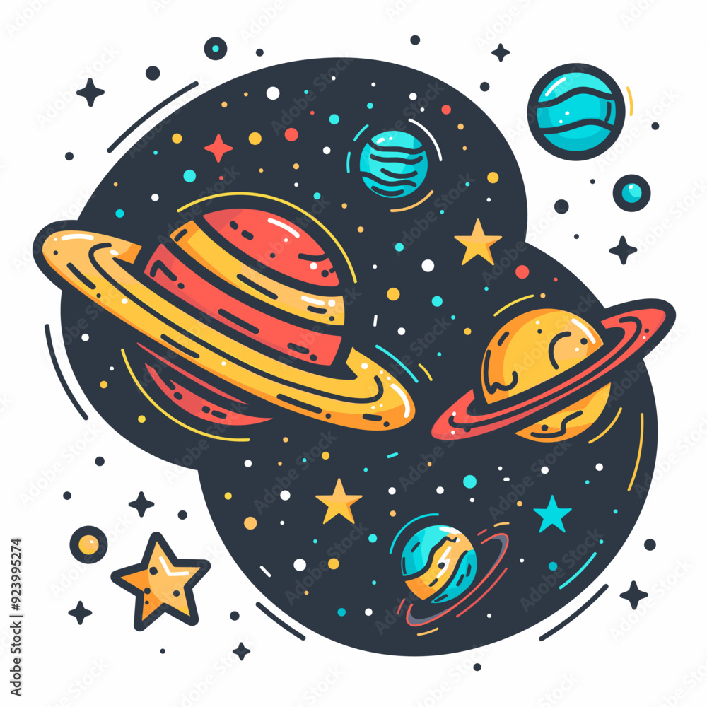Poster hand drawn vector illustration of planets in space. doodle style. isolated objects on white backgrou
