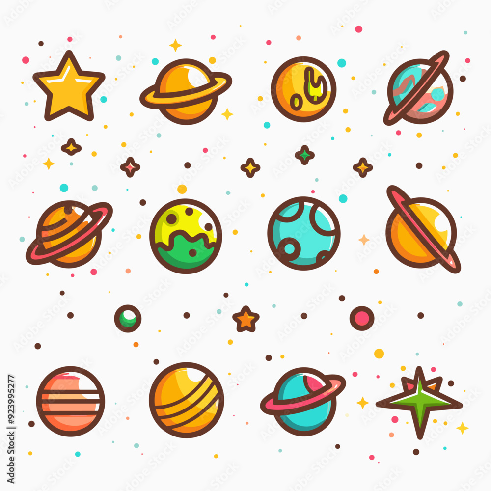 Poster set of space and planets icons in linear style. vector illustration