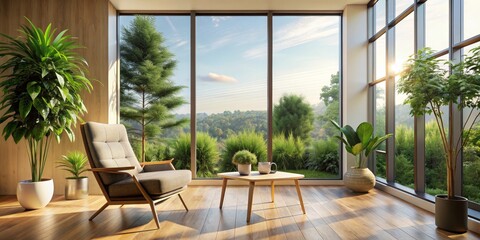 Fototapeta premium Sunlight Through the Window - A Relaxing Living Room with a View, Indoor, Room, Chair, Plants