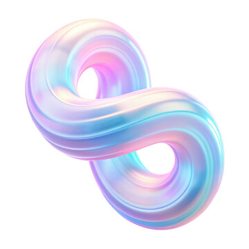 Pastel-toned 3D infinity shape featuring a smooth loop. The abstract design blends soft hues of blue, pink, and purple in a glossy, futuristic finish. Isolated on transparent background, png.
