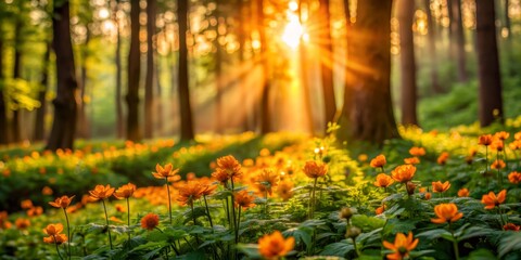 Obraz premium Sunlit Forest Flowers, forest, flowers, sunrise, woodland
